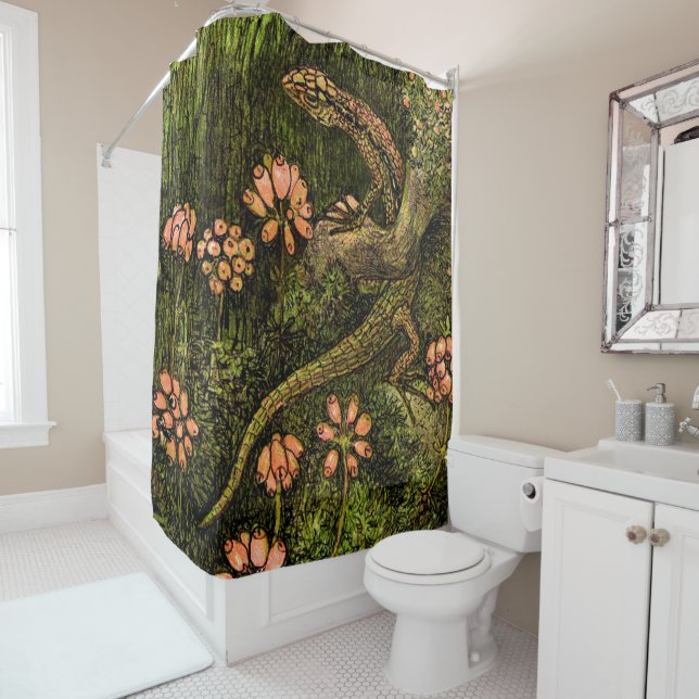 Dutch Art Nouveau Lizard and Wildflowers Shower Curtain (In Situ)