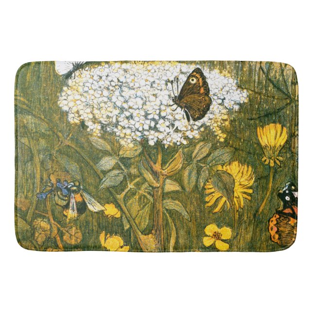 Dutch Art Nouveau Meadow Wildflowers, Butterflies Bath Mat (Front)