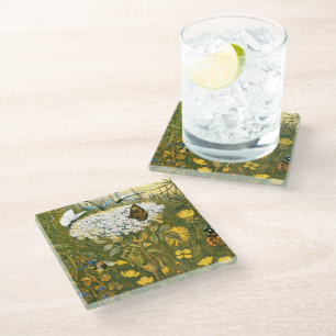 Dutch Art Nouveau Meadow Wildflowers, Butterflies Glass Coaster