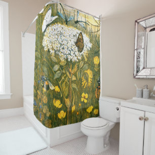 Dutch Art Nouveau Meadow Wildflowers, Butterflies Shower Curtain