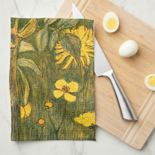 Dutch Art Nouveau Meadow Wildflowers, Butterflies Tea Towel