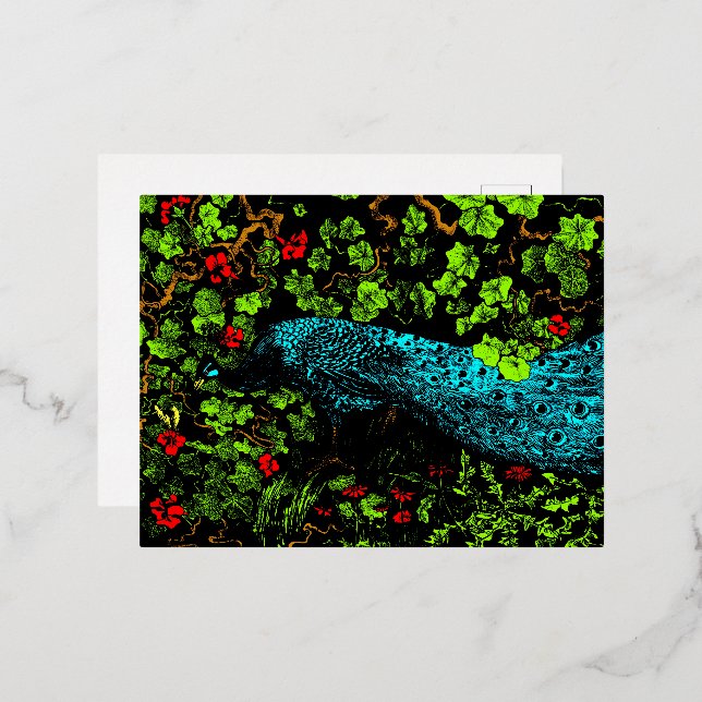 Dutch Art Nouveau Peacock and Butterfly  Foil Holiday Postcard (Front/Back)