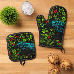 Dutch Art Nouveau Peacock and Butterfly Oven Mitt & Pot Holder Set