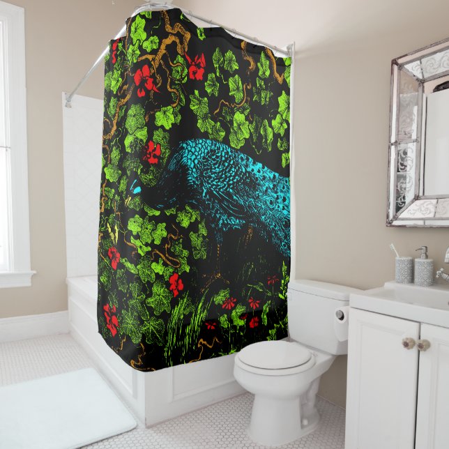 Dutch Art Nouveau Peacock and Butterfly  Shower Curtain (In Situ)