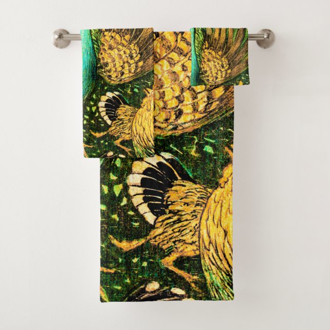 Dutch Art Nouveau Peacock and Chickens Bath Towel Set (Insitu)