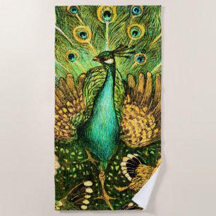 Dutch Art Nouveau Peacock and Chickens Beach Towel