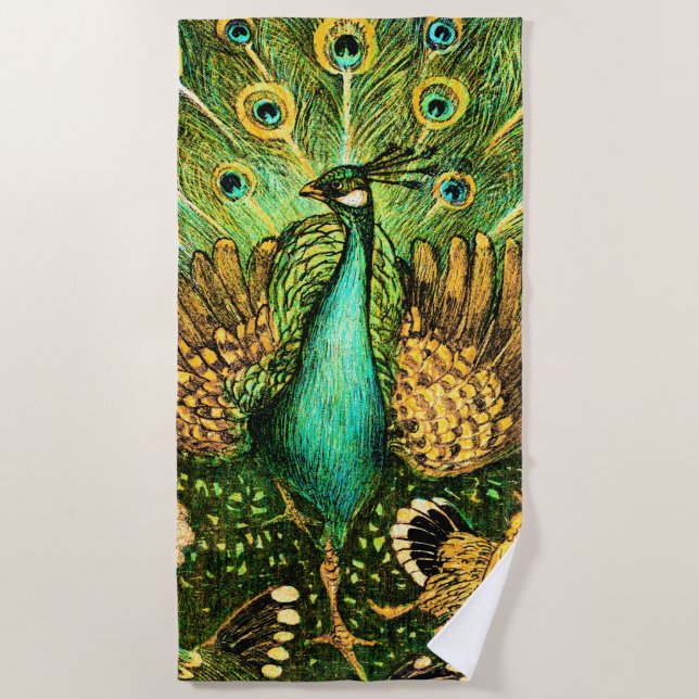 Dutch Art Nouveau Peacock and Chickens Beach Towel (Front)
