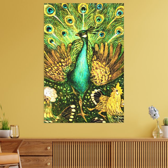Dutch Art Nouveau Peacock and Chickens Canvas Print (Insitu(LivingRoom))