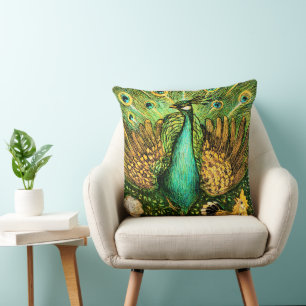 Dutch Art Nouveau Peacock and Chickens Cushion