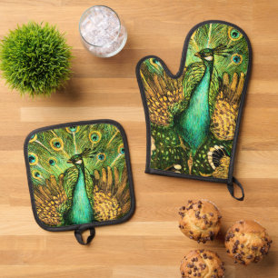 Dutch Art Nouveau Peacock and Chickens Oven Mitt & Pot Holder Set