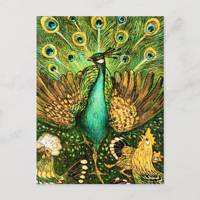 Dutch Art Nouveau Peacock and Chickens Postcard (Front)