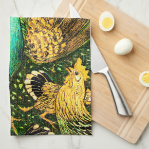 Dutch Art Nouveau Peacock and Chickens Tea Towel