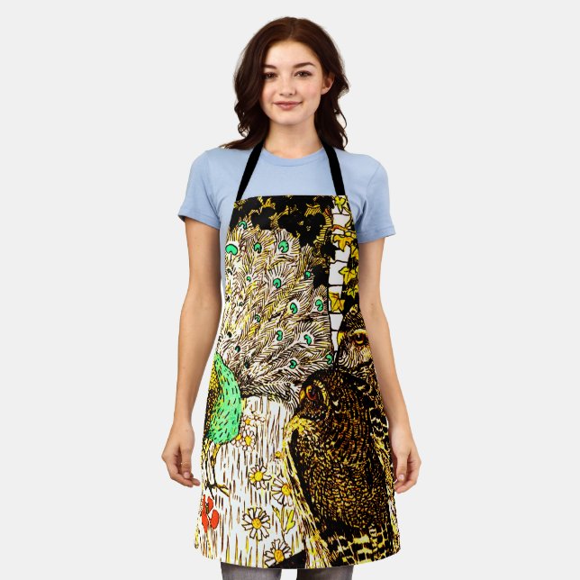 Dutch Art Nouveau Peacock and Owls Apron (Worn)