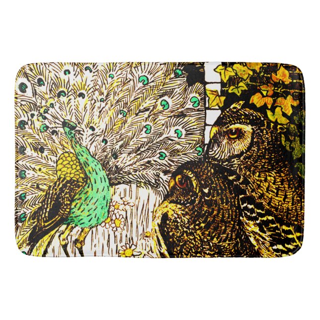 Dutch Art Nouveau Peacock and Owls Bath Mat (Front)