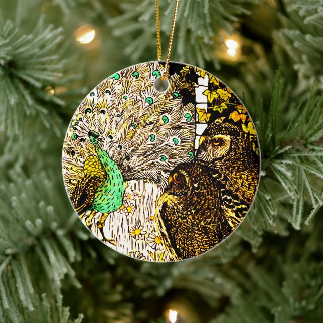 Dutch Art Nouveau Peacock and Owls Ceramic Tree Decoration (Tree)