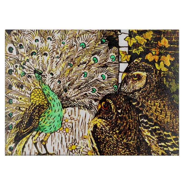 Dutch Art Nouveau Peacock and Owls Cutting Board (Front)