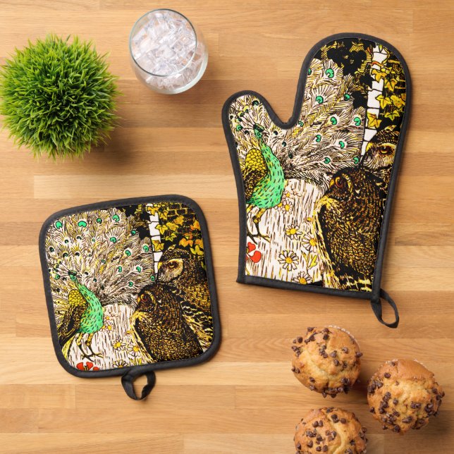 Dutch Art Nouveau Peacock and Owls Oven Mitt & Pot Holder Set (Top Down)