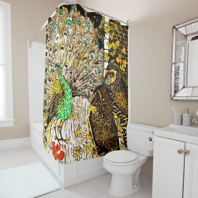 Dutch Art Nouveau Peacock and Owls Shower Curtain (In Situ)