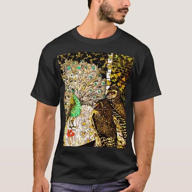 Dutch Art Nouveau Peacock and Owls T-Shirt (Front)