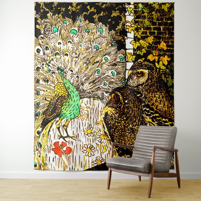 Dutch Art Nouveau Peacock and Owls Tapestry (In Situ)
