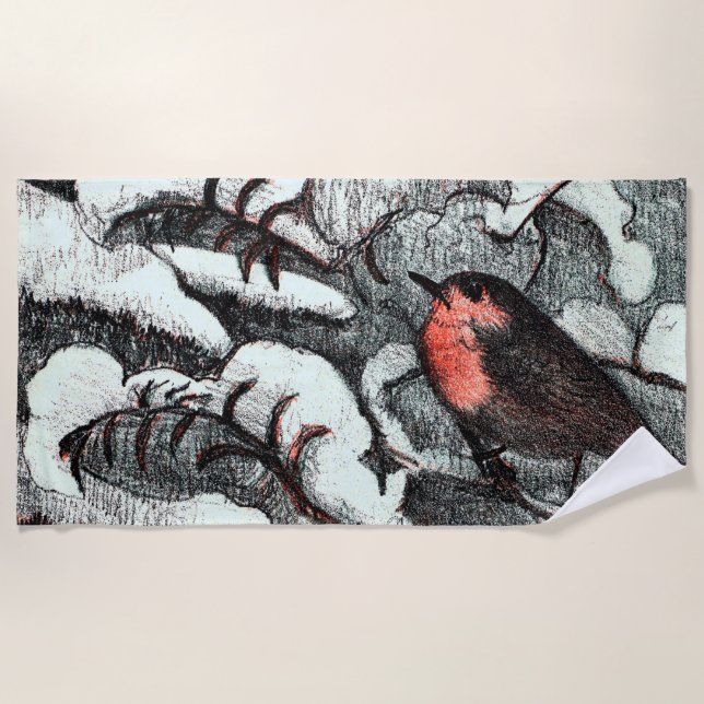 Dutch Art Nouveau Robin Bird in Winter Beach Towel (Front)