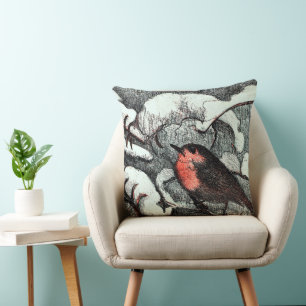 Dutch Art Nouveau Robin Bird in Winter Cushion