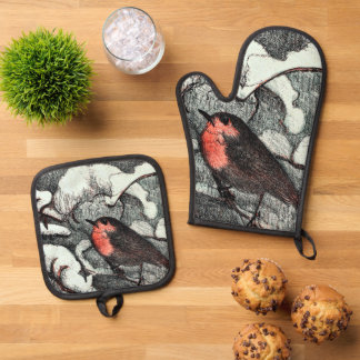 Dutch Art Nouveau Robin Bird in Winter Oven Mitt & Pot Holder Set