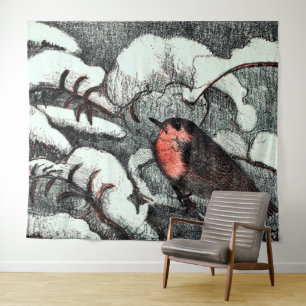 Dutch Art Nouveau Robin Bird in Winter Tapestry