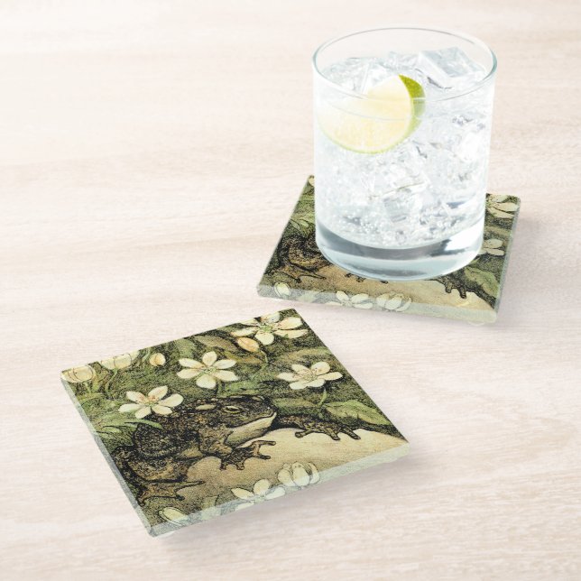 Dutch Art Nouveau Toad and Dogwood  Glass Coaster (Angled)