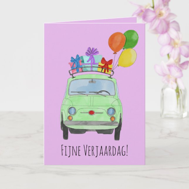Dutch Birthday Retro Fiat 500 Card (Orchid)