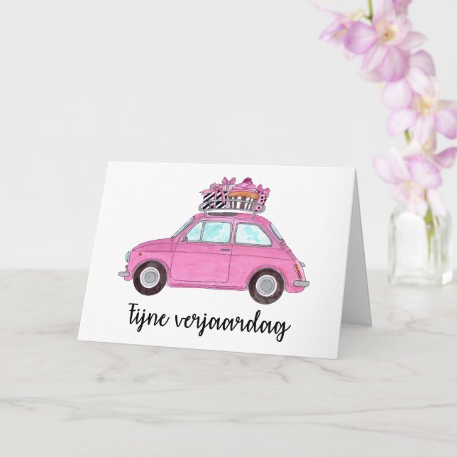 Dutch Birthday Retro Fiat 500 Card (Orchid)