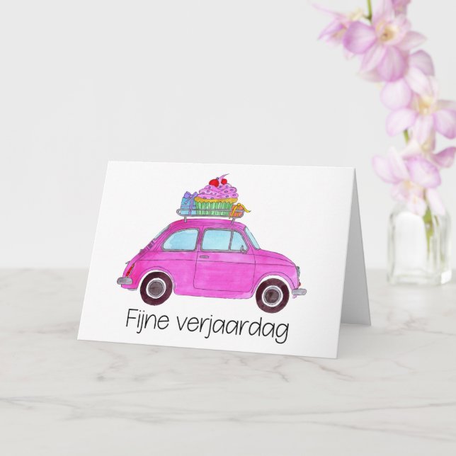 Dutch Birthday Retro Fiat 500 Card (Orchid)