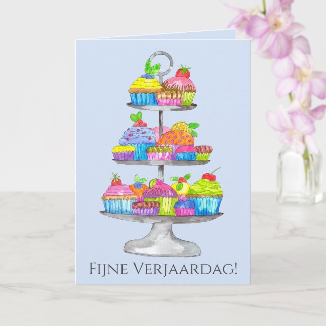 Dutch Birthday Watercolor cupcakes  Card (Orchid)