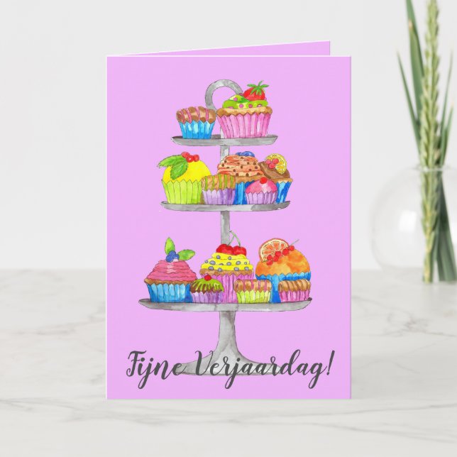 Dutch Birthday Watercolor cupcakes  Card (Front)