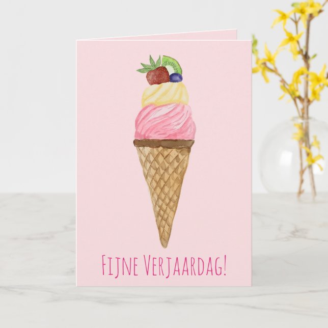 Dutch Birthday Watercolor Ice Cream Card (Yellow Flower)