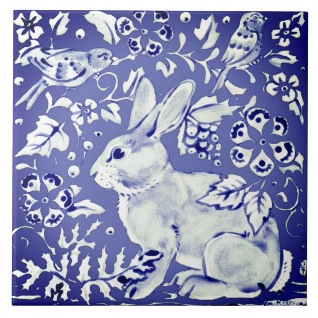 Dutch Blue Rabbit Bird Floral Foliage Trivet Decor (Front)