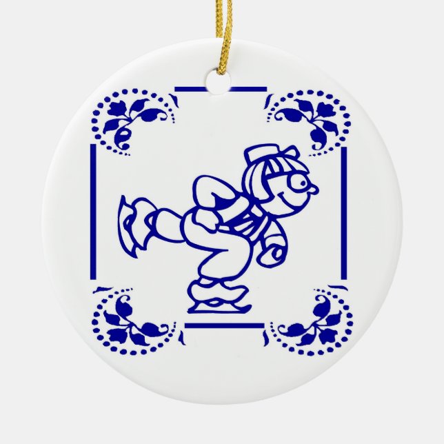 Dutch Boy Ice Skating Ceramic Tree Decoration (Front)