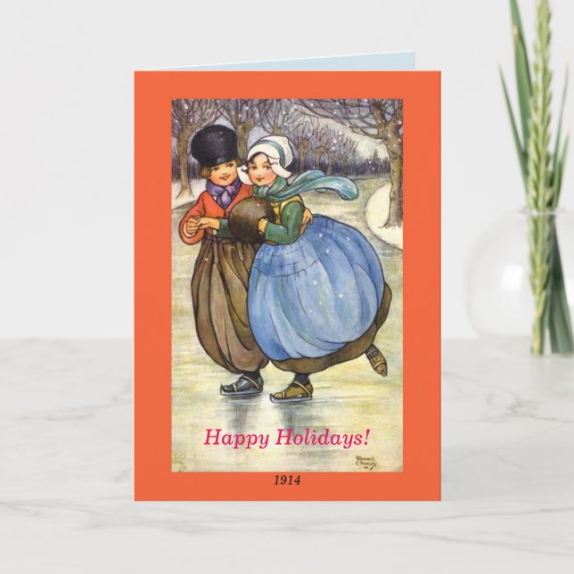 Dutch Children Skating Vintage 1914 image Holiday Card (Front)