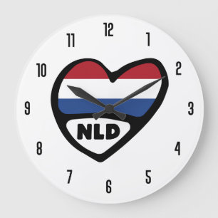 Dutch Country Code NLD Flag Heart Large Clock