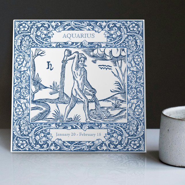 Dutch Delft Blue Aquarius Vintage Zodiac Sign Tile (Creator Uploaded)
