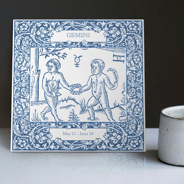 Dutch Delft Blue Gemini Vintage Zodiac Sign Tile (Creator Uploaded)
