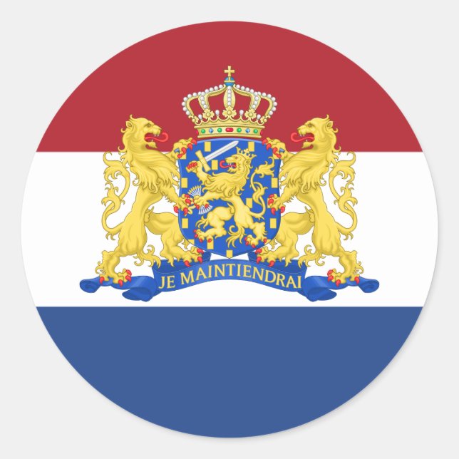 Dutch Flag & Coat of Arms, Flag of Netherlands Classic Round Sticker (Front)