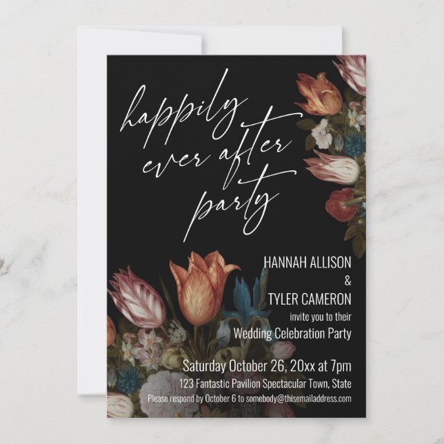 Dutch Floral pn Black Happily Ever After Party Invitation (Front)