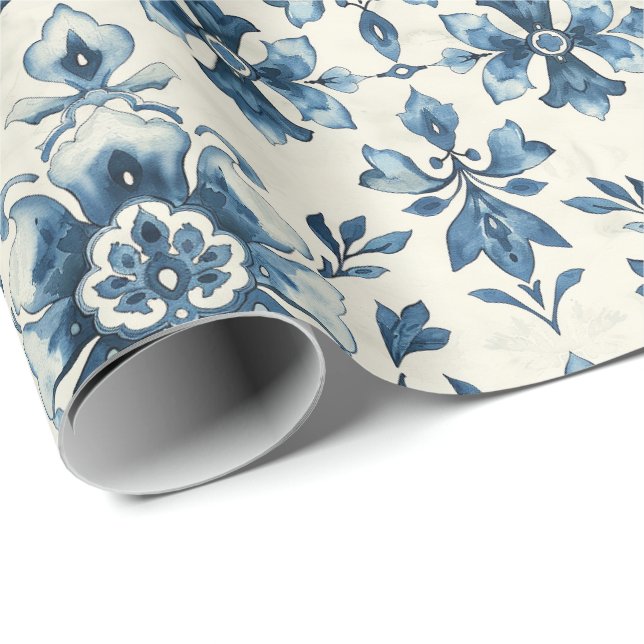 Dutch Floral Tile Gift Wrap, Delft Blue Pattern Wrapping Paper (Roll Corner)