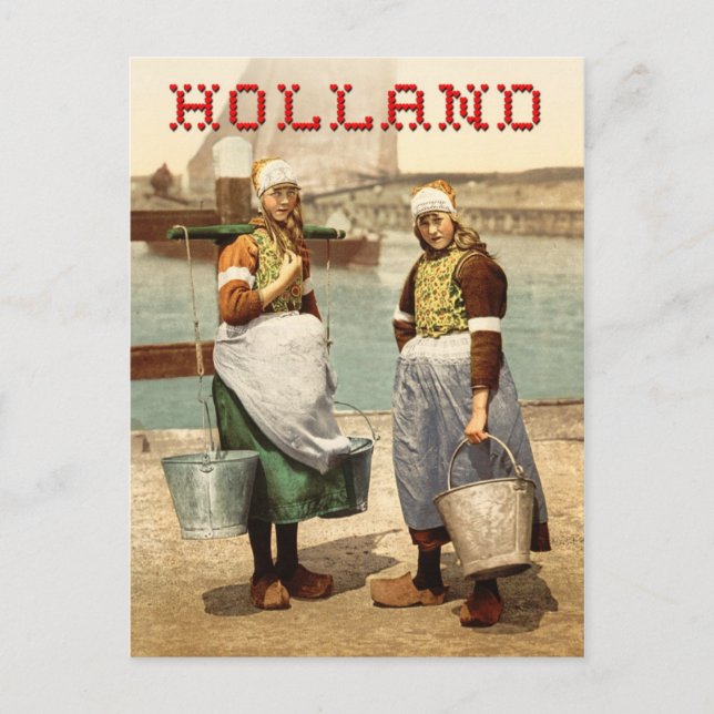 Dutch girls in traditional costume and clogs postcard (Front)