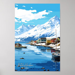 Dutch Harbour Alaska Vintage Travel Illustration Poster