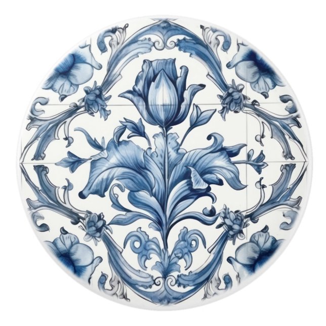 Dutch Holland Blue Tulip Pattern Ceramic Knob (Front)