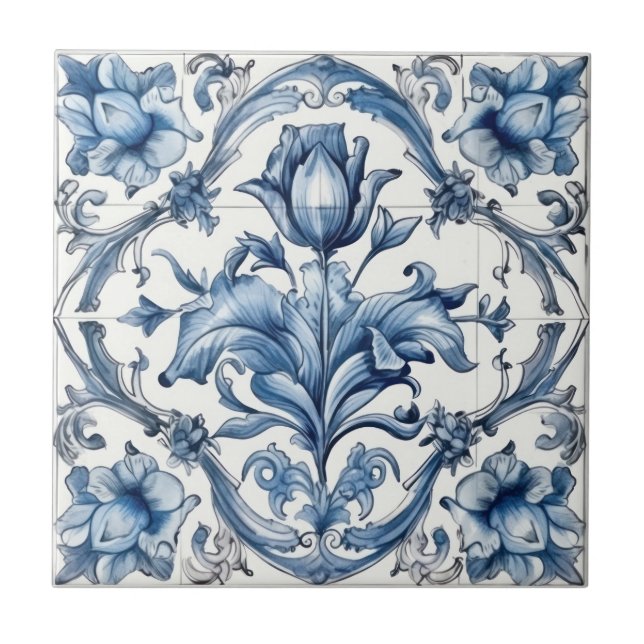 Dutch Holland Blue Tulip Pattern Tile (Front)