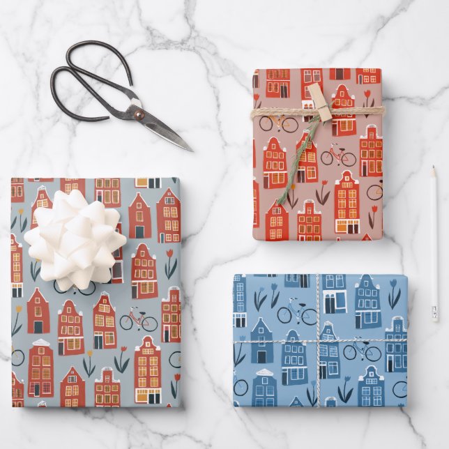 Dutch Houses Bikes Tulips Amsterdam Variety Pack Wrapping Paper Sheet (Front)