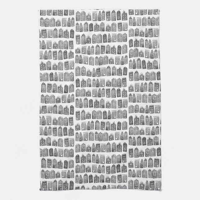 Dutch Houses Winter Amsterdam City Pattern Tea Towel (Vertical)